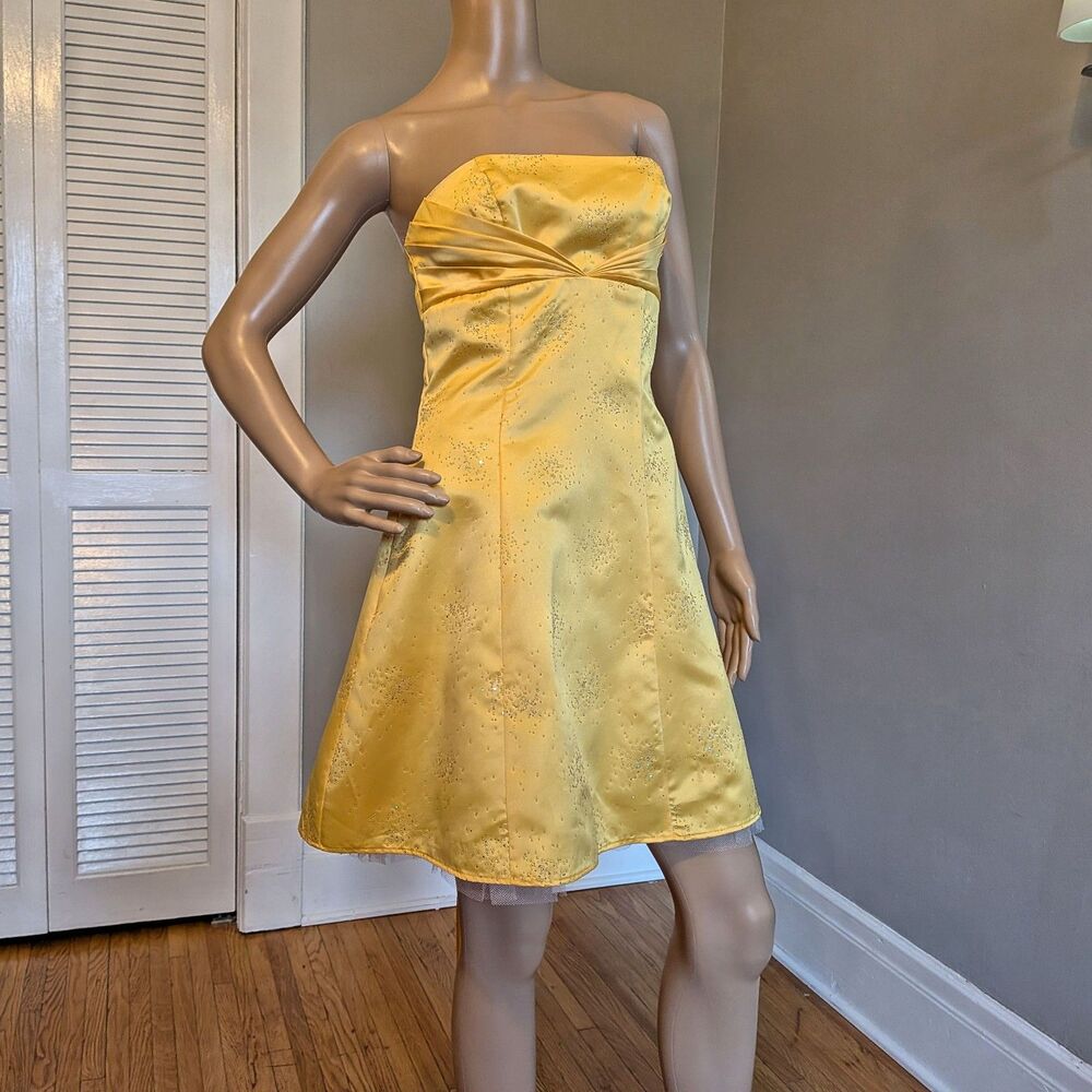 Vintage Y2K Zum Zum Strapless Mini Dress, Yellow Beaded, Belle Costume, Size 7